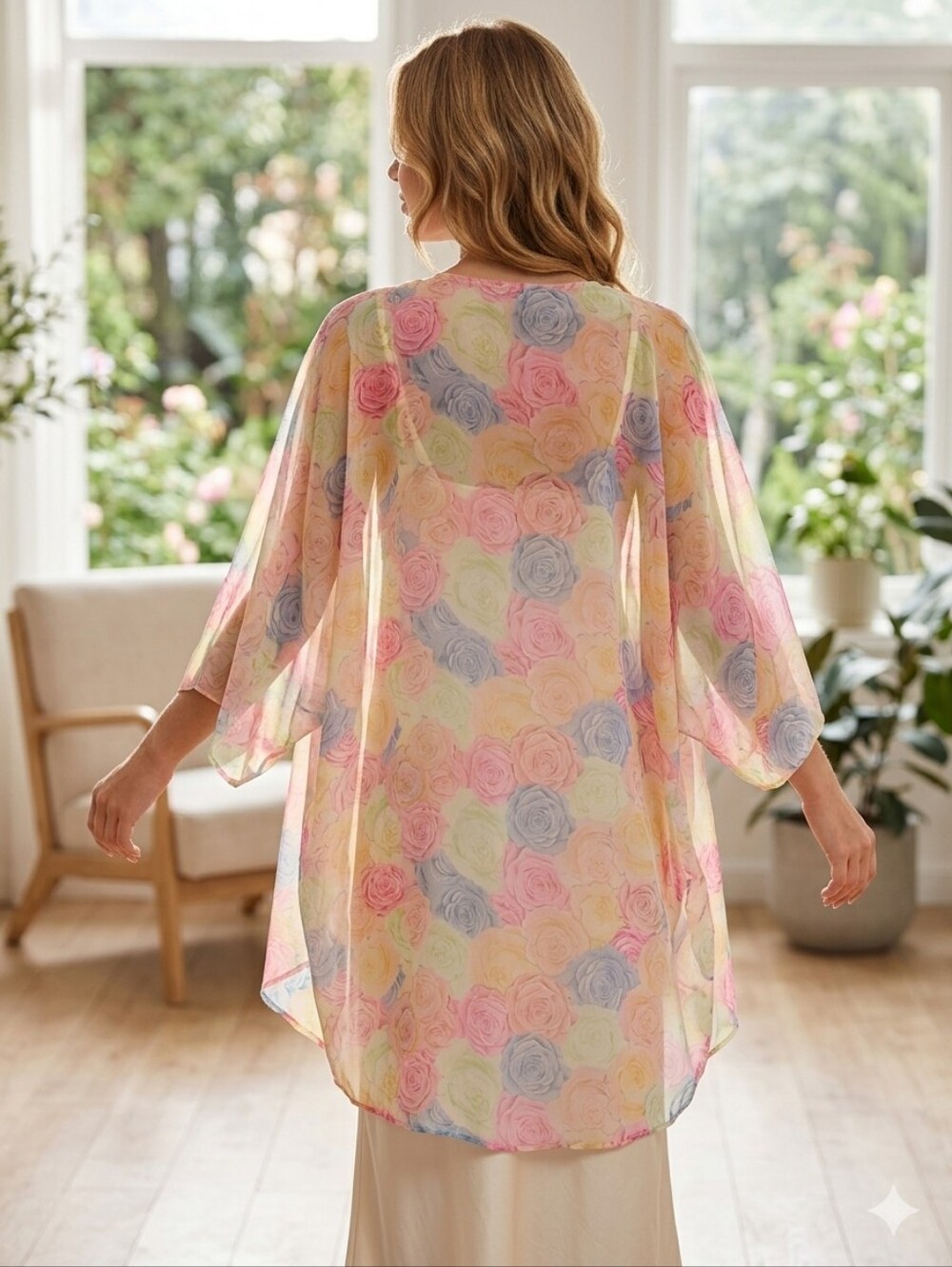 Ruby Ribbon Pastel Floral Roses Sheer Kimono Cardigan Chiffon One Size OS